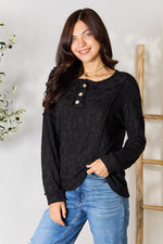 BOMBOM Textured Exposed Seam Buttoned Blouse - Ladyez