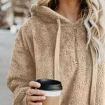 Quarter-Zip Drawstring Teddy Hoodie - Ladyez