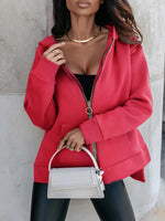 Zip-Up Slit Hoodie with Pockets - Ladyez