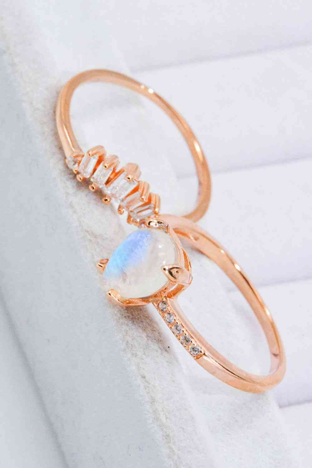 Natural Moonstone and Zircon 18K Rose Gold-Plated Two-Piece Ring Set - Ladyez