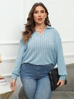 Plus Size Ribbed Collared Neck Long Sleeve Blouse - Ladyez
