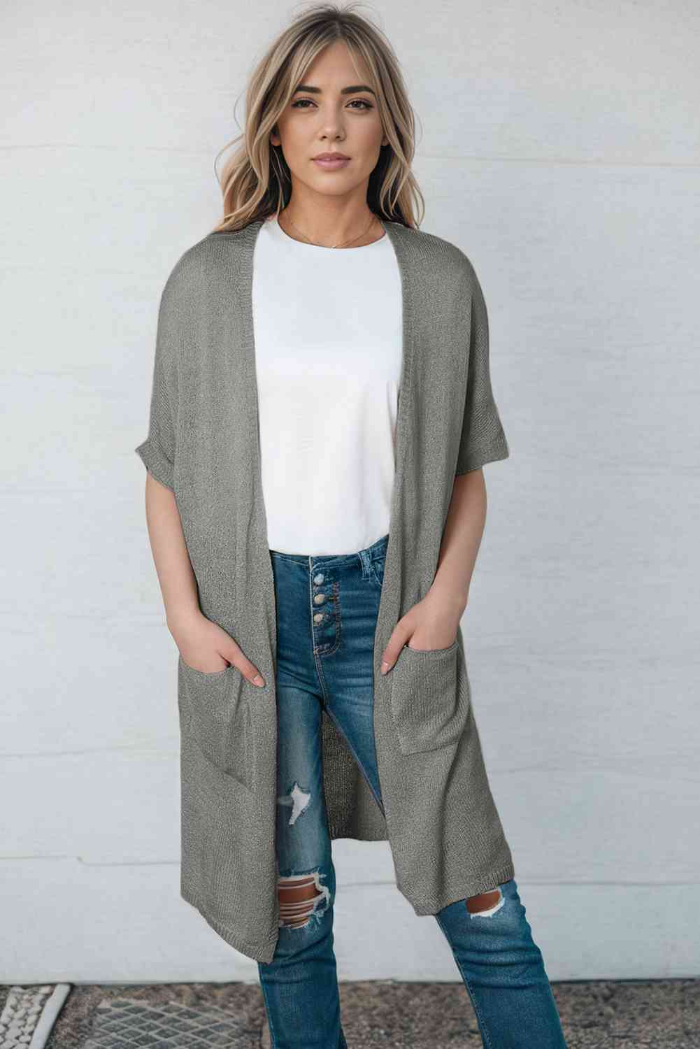 Open Front Sweater Cardigan with Pockets - Ladyez