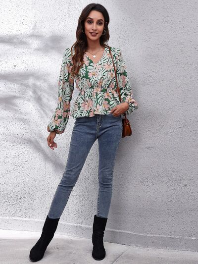 Floral V-Neck Balloon Sleeve Peplum Blouse - Ladyez