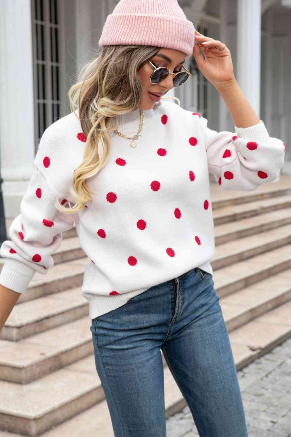 Woven Right Polka Dot Round Neck Dropped Shoulder Sweater - Ladyez