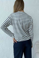 Round Neck Striped Dropped Shoulder T-Shirt - Ladyez