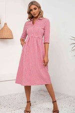 Plaid Collared Neck Midi Dress - Ladyez