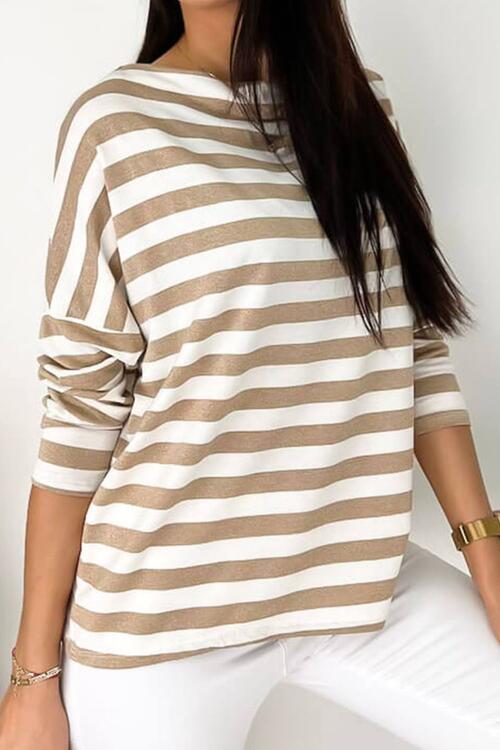 Striped Round Neck Long Sleeve Blouse - Ladyez