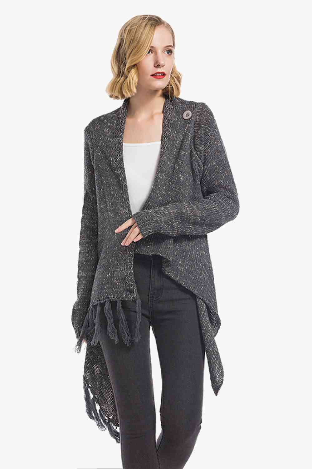 One-Button Tassel Tie Asymmetrical Hem Cardigan - Ladyez