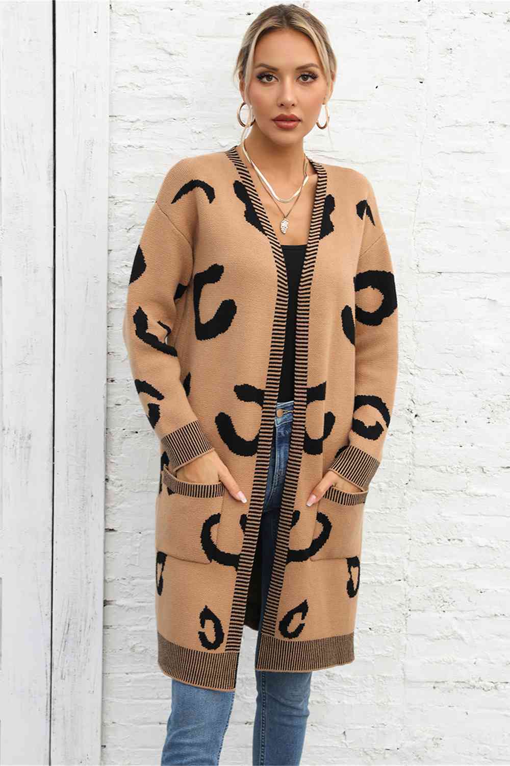Printed Long Sleeve Cardigan with Pockets - Ladyez