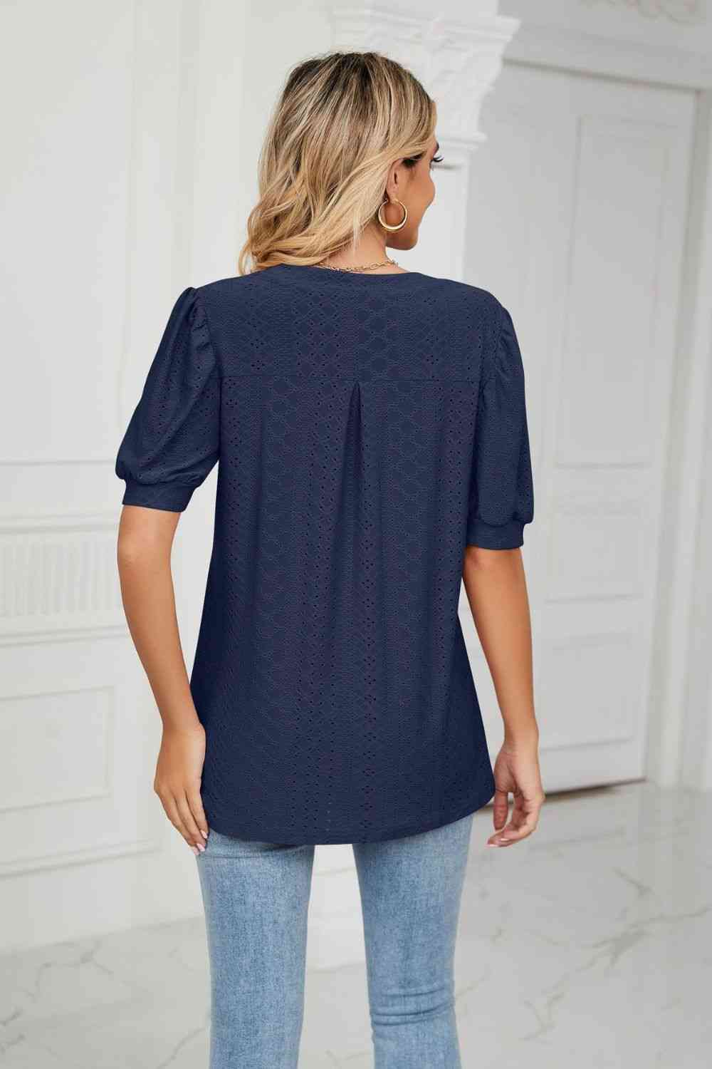 Eyelet Short Puff Sleeve Notched Neck Top - Ladyez
