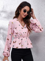 Butterfly V-Neck Balloon Sleeve Peplum Blouse - Ladyez