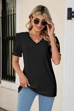 Eyelet Flounce Sleeve Scalloped V-Neck Top - Ladyez
