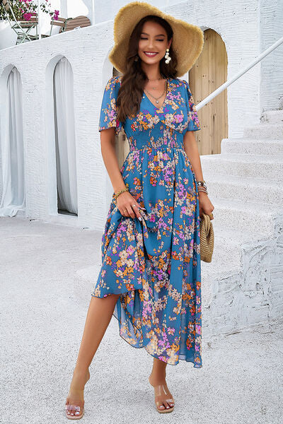 Smocked Floral V-Neck Short Sleeve Dress - Ladyez