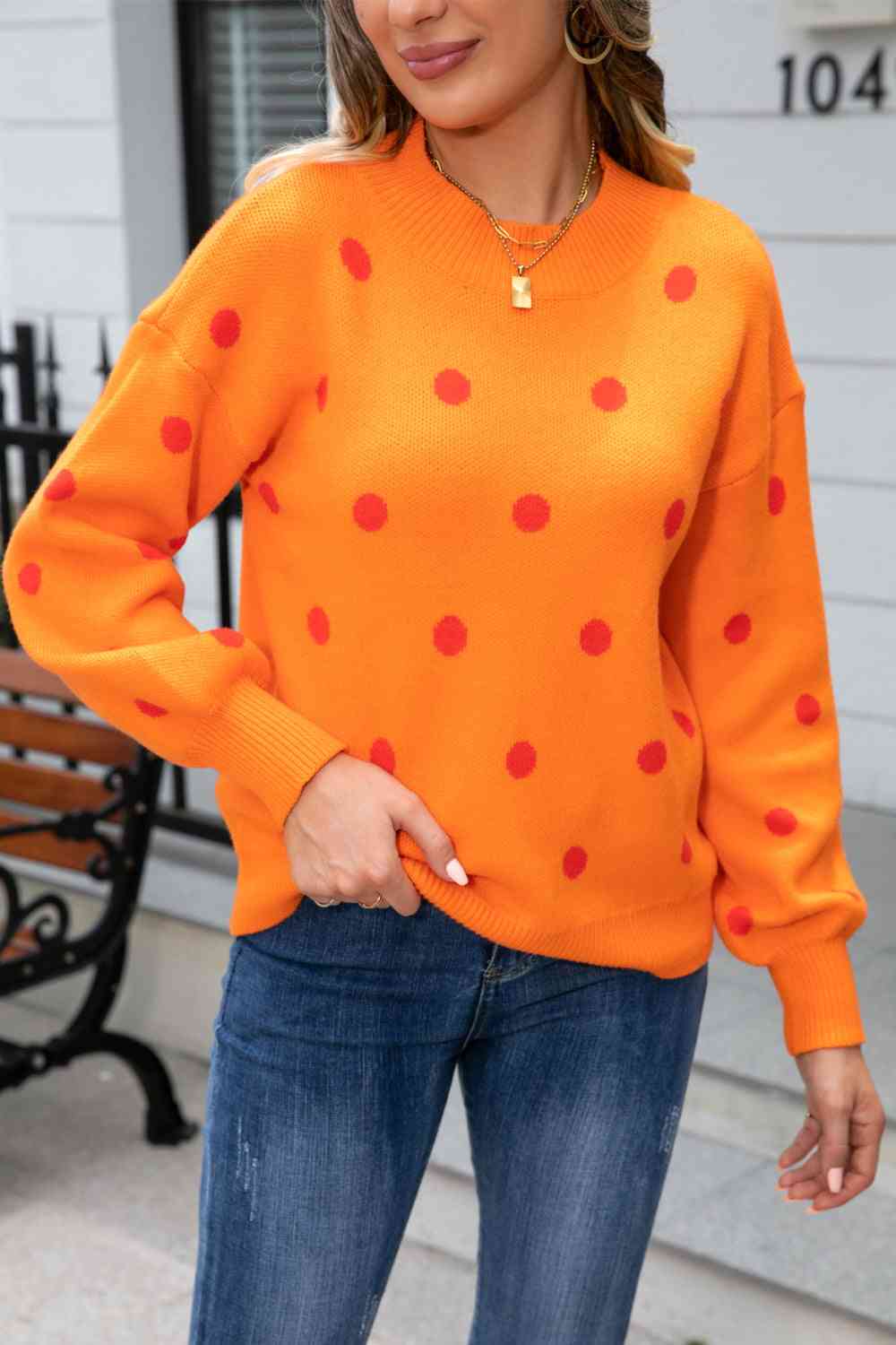 Woven Right Polka Dot Round Neck Dropped Shoulder Sweater - Ladyez