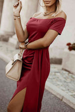 Off-Shoulder Short Sleeve Split Dress - Ladyez