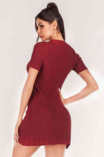 Buttoned Short Sleeve V-Neck Knit Dress - Ladyez