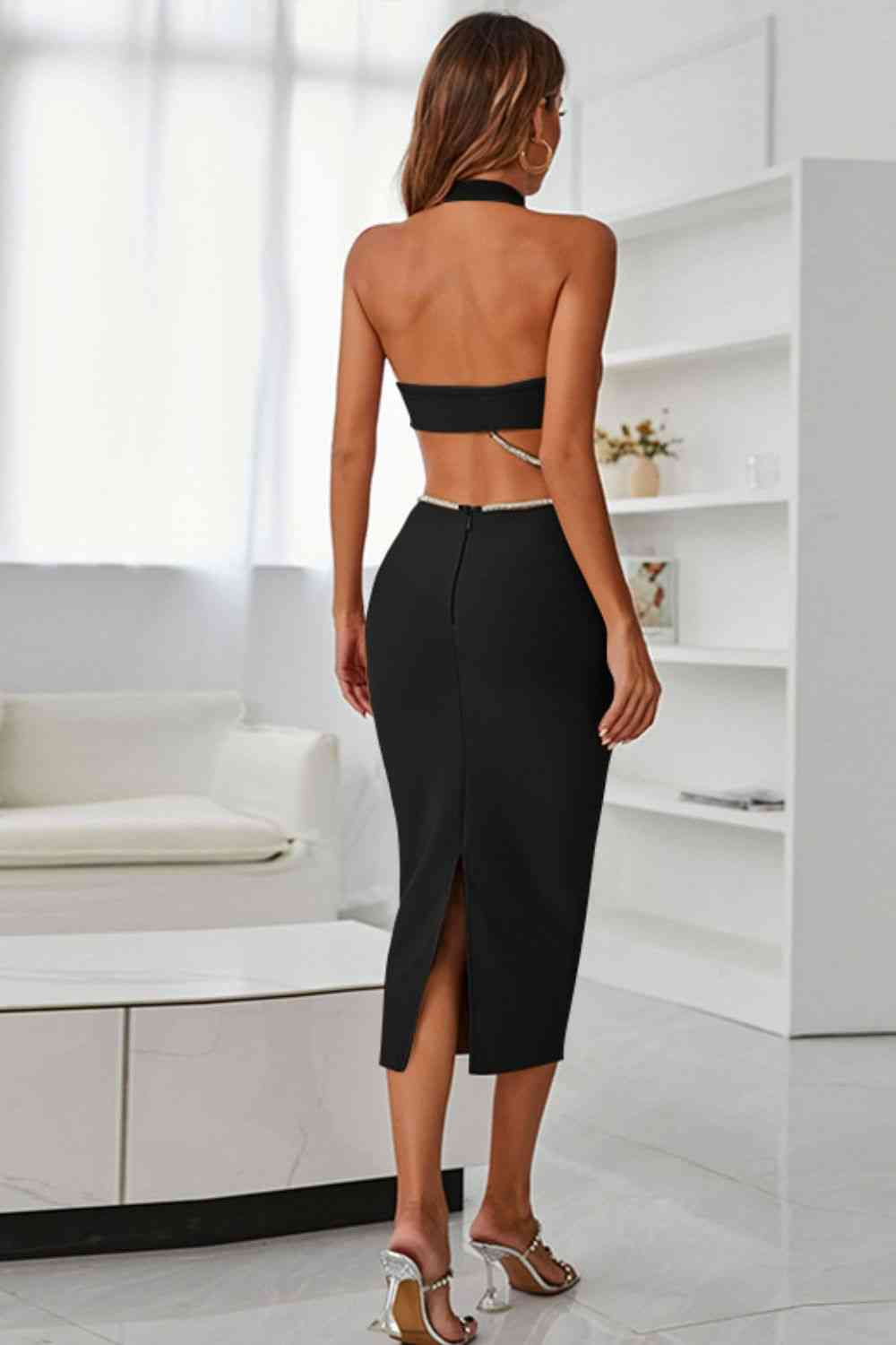 Rhinestone Halter Neck Cutout Slit Midi Dress - Ladyez