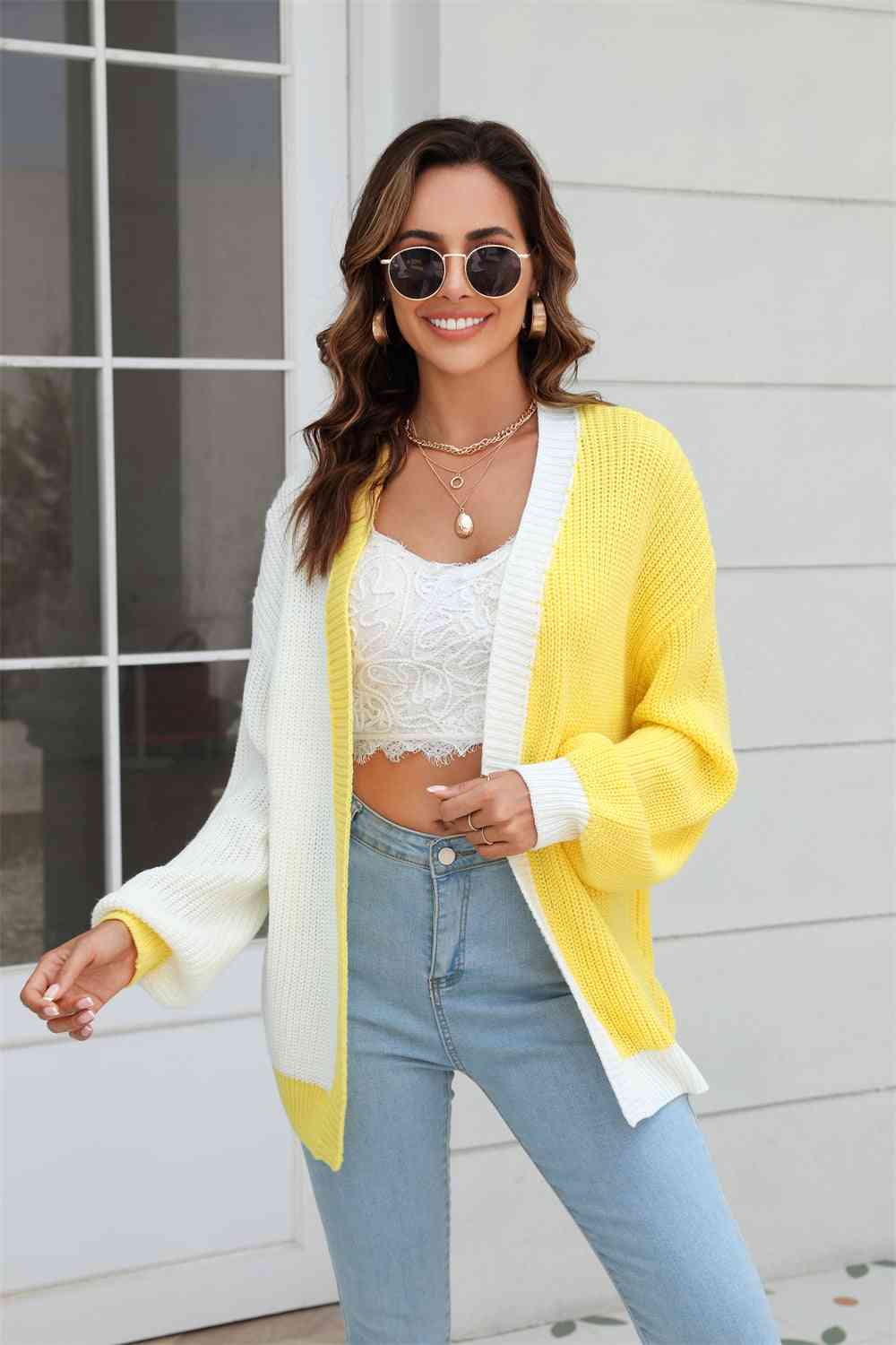 Open Front Contrast Color Balloon Sleeve Cardigan - Ladyez