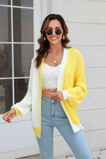Open Front Contrast Color Balloon Sleeve Cardigan - Ladyez