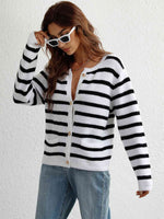 Woven Right Striped Button Front Cardigan - Ladyez