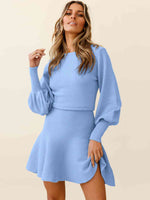 Round Neck Lantern Sleeve Sweater Dress - Ladyez