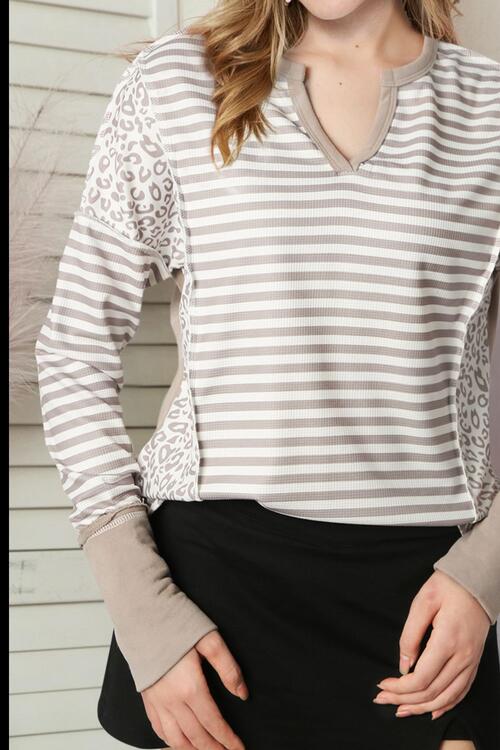 Exposed Seam Striped Notched Blouse - Ladyez