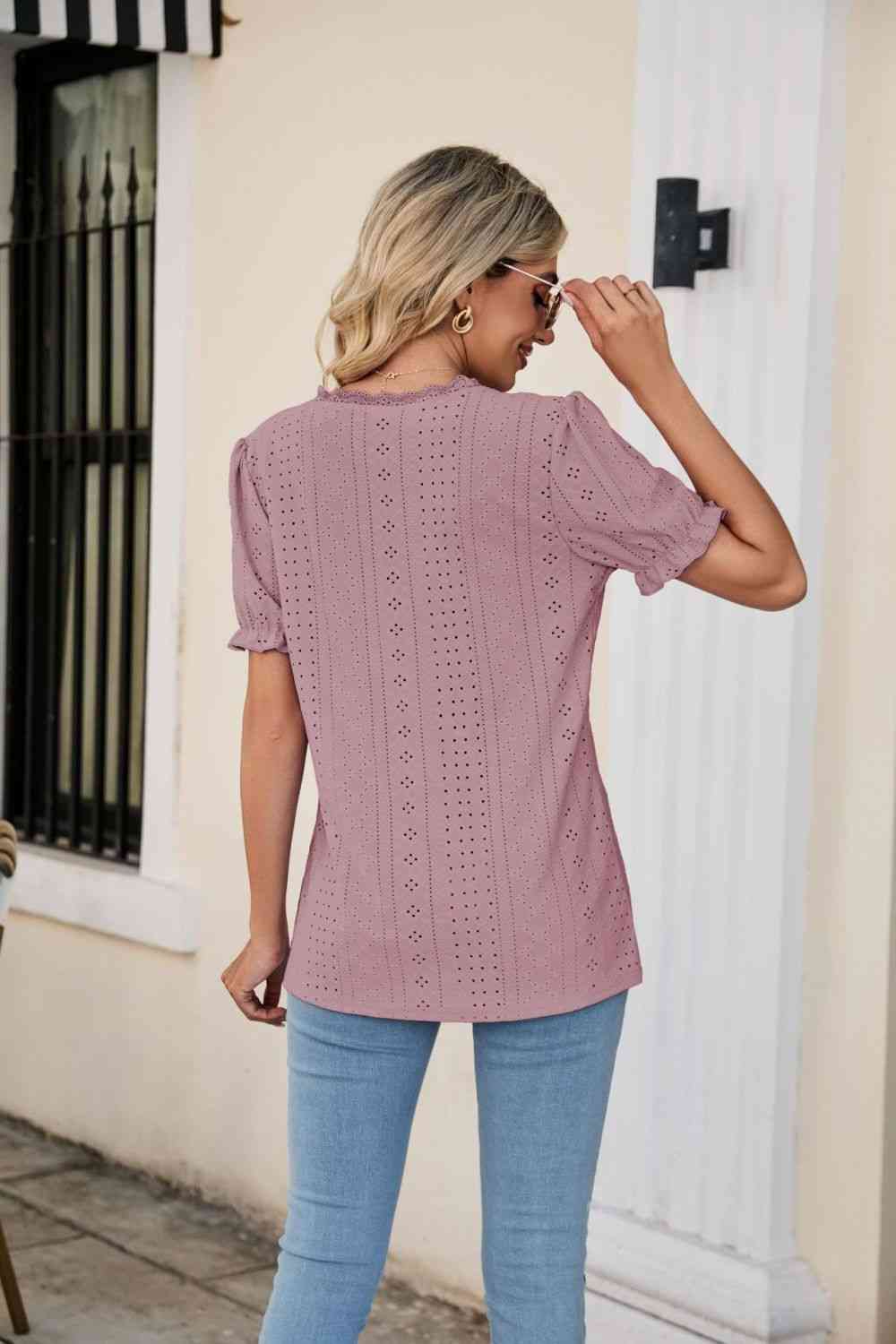 Eyelet Flounce Sleeve Scalloped V-Neck Top - Ladyez
