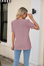 Eyelet Flounce Sleeve Scalloped V-Neck Top - Ladyez