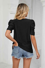 Eyelet Puff Sleeve Round Neck Blouse - Ladyez