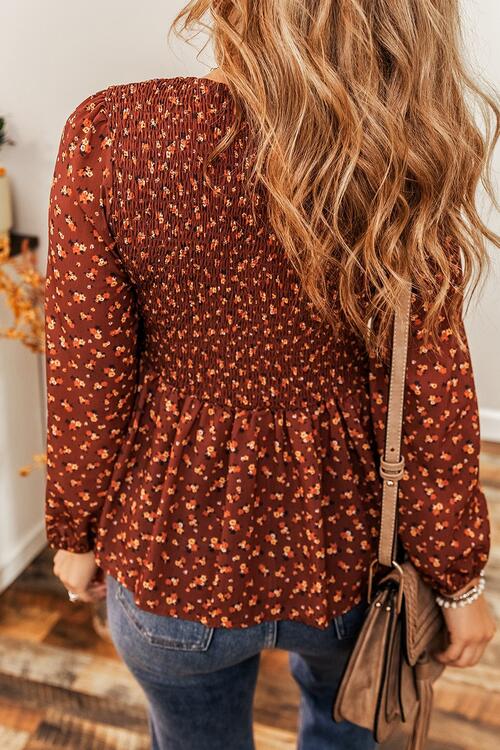 Floral Smocked Ruffle Hem Long Sleeve Blouse - Ladyez