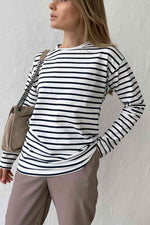 Round Neck Striped Dropped Shoulder T-Shirt - Ladyez