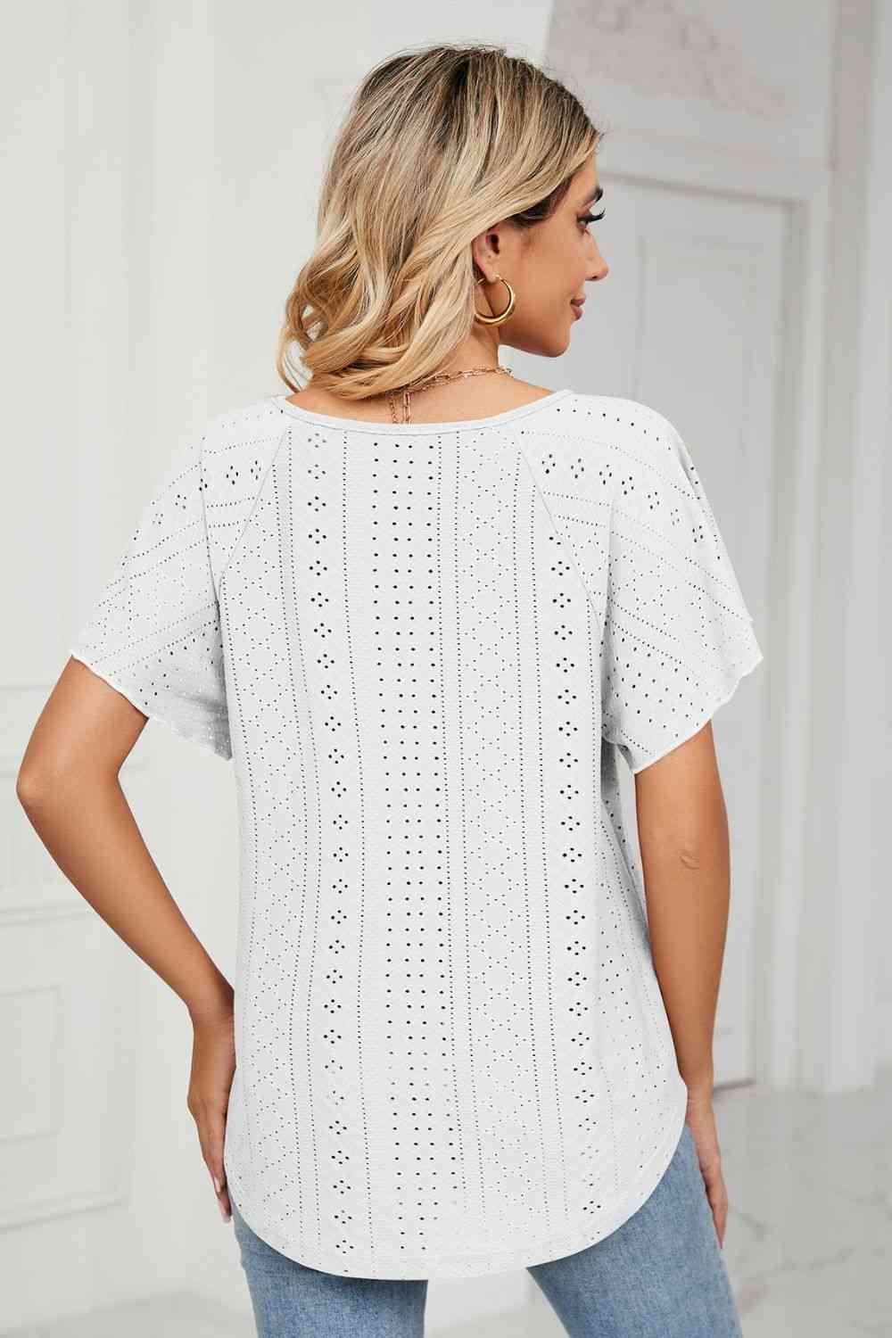 Eyelet Tie-Neck Flutter Sleeve Top - Ladyez
