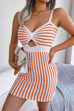 Striped Cutout Spaghetti Strap Knit Dress - Ladyez
