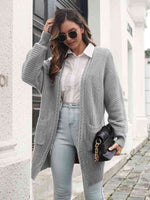 Open Front Rib-Knit Cardigan with Pockets - Ladyez