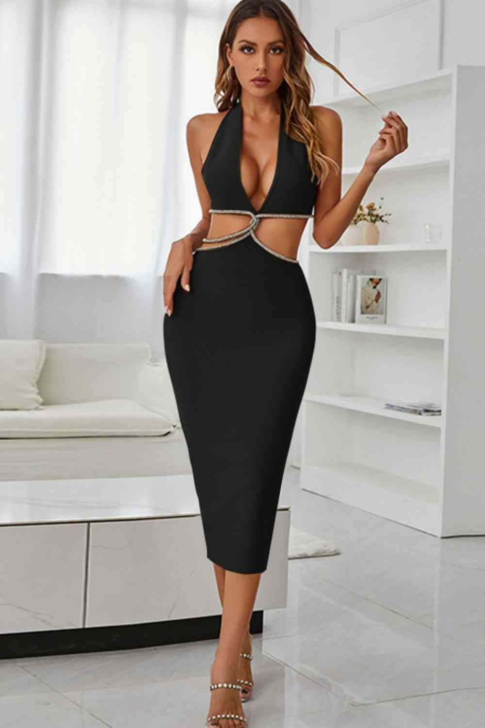 Rhinestone Halter Neck Cutout Slit Midi Dress - Ladyez