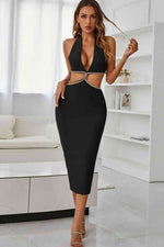 Rhinestone Halter Neck Cutout Slit Midi Dress - Ladyez