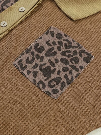 Half Button Leopard Collared Neck Blouse - Ladyez