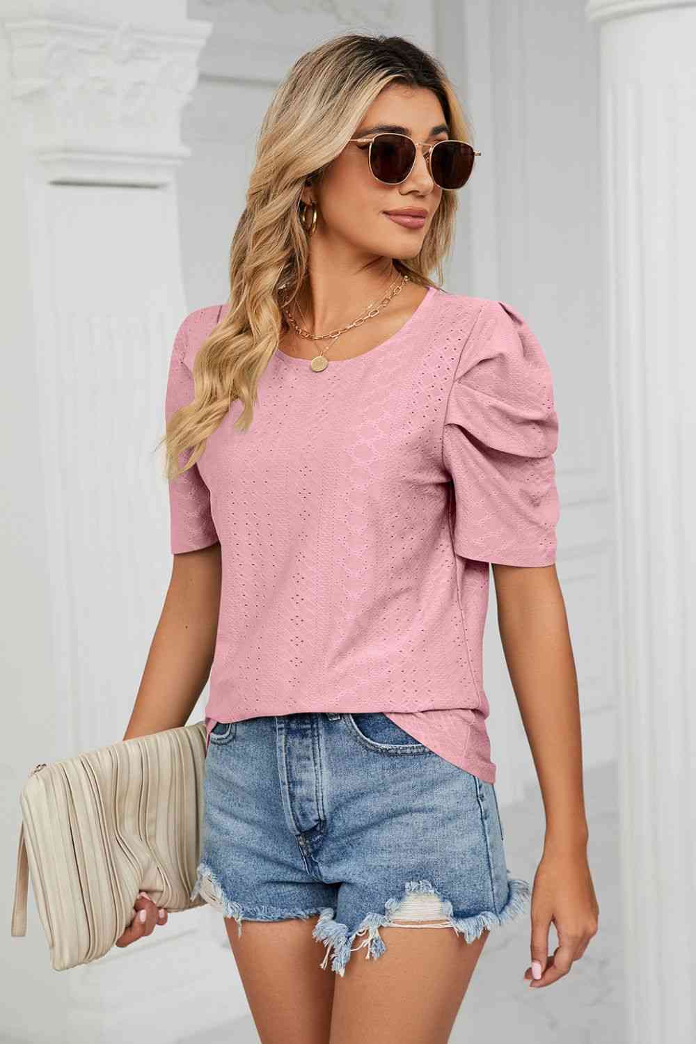 Eyelet Puff Sleeve Round Neck Blouse - Ladyez