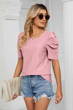 Eyelet Puff Sleeve Round Neck Blouse - Ladyez