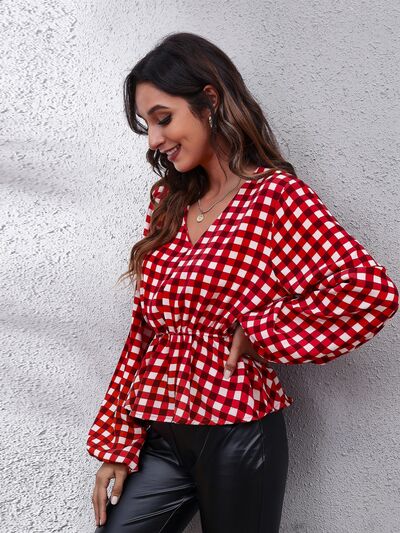 Plaid V-Neck Balloon Sleeve Peplum Blouse - Ladyez