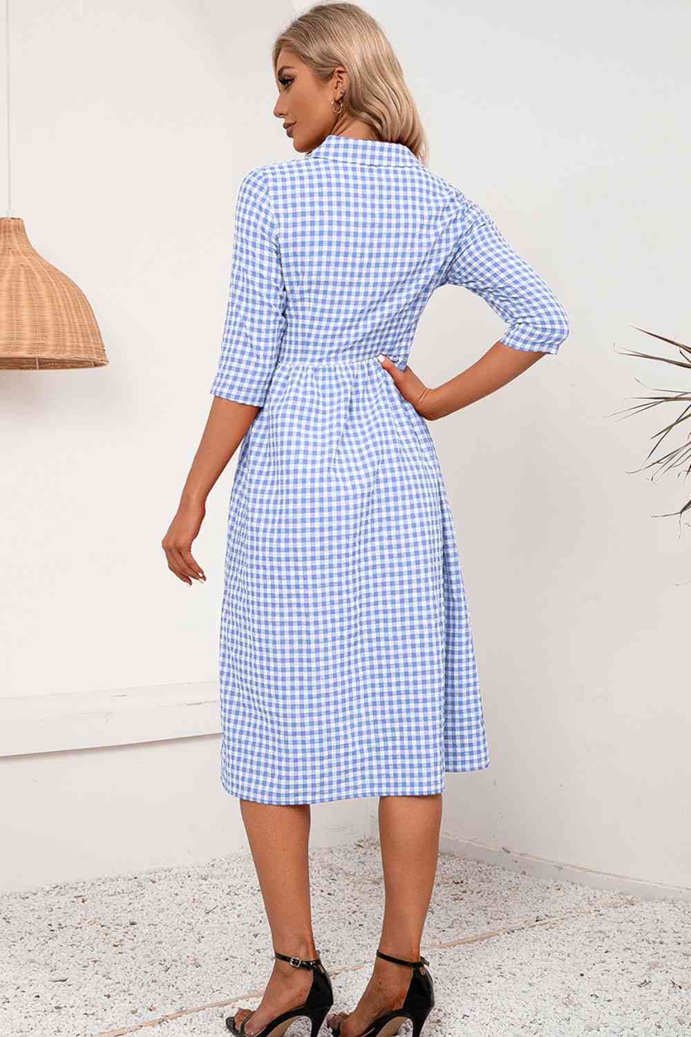 Plaid Collared Neck Midi Dress - Ladyez