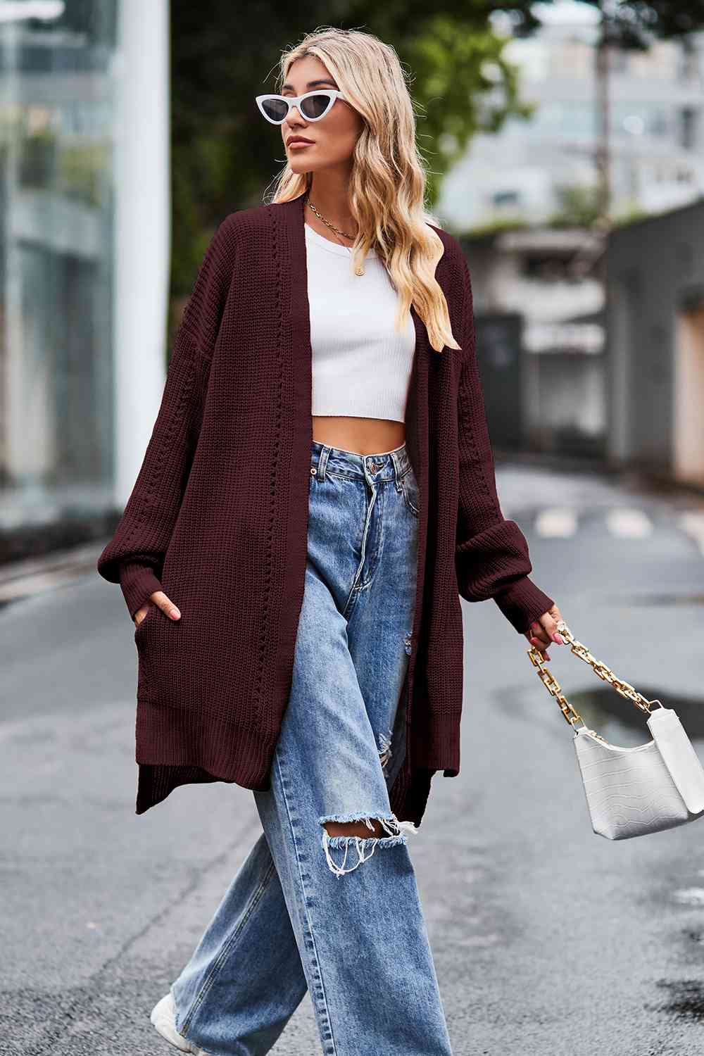 Open Front Dropped Shoulder Longline Cardigan - Ladyez