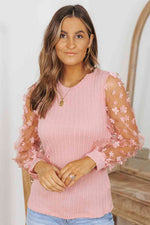 Double Take Textured Applique Long Sleeve Blouse - Ladyez