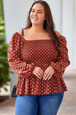 Plus Size Square Neck Balloon Sleeve Peplum Blouse - Ladyez