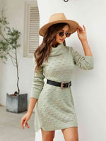 Turtleneck Long Sleeve Slit Sweater Dress - Ladyez