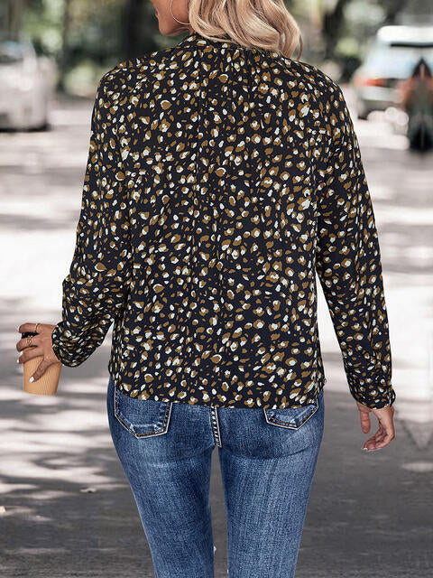 Printed Tie Neck Long Sleeve Top - Ladyez