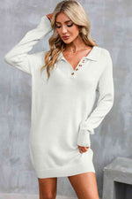 Buttoned Long Sleeve Sweater Dress - Ladyez