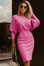 Boat Neck Lantern Sleeve Sweater Dress - Ladyez