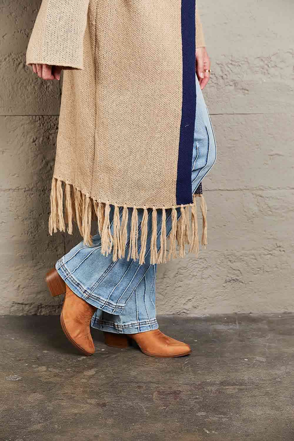 Double Take Geometric Fringe Hem Open Front Duster Cardigan - Ladyez