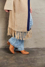 Double Take Geometric Fringe Hem Open Front Duster Cardigan - Ladyez
